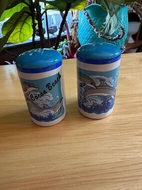 Cocoa Beach Coastal Dolphin Ceramic Salt and Pepper Shaker vintage souvenir
